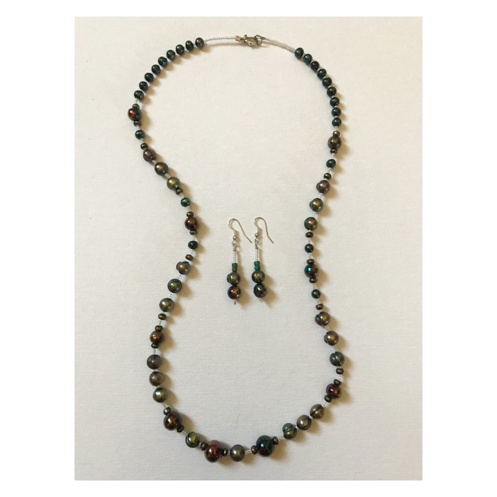 Vintage Purple Blue Iridescent Beads Blue Green Freshwater Pearl Necklace Boho